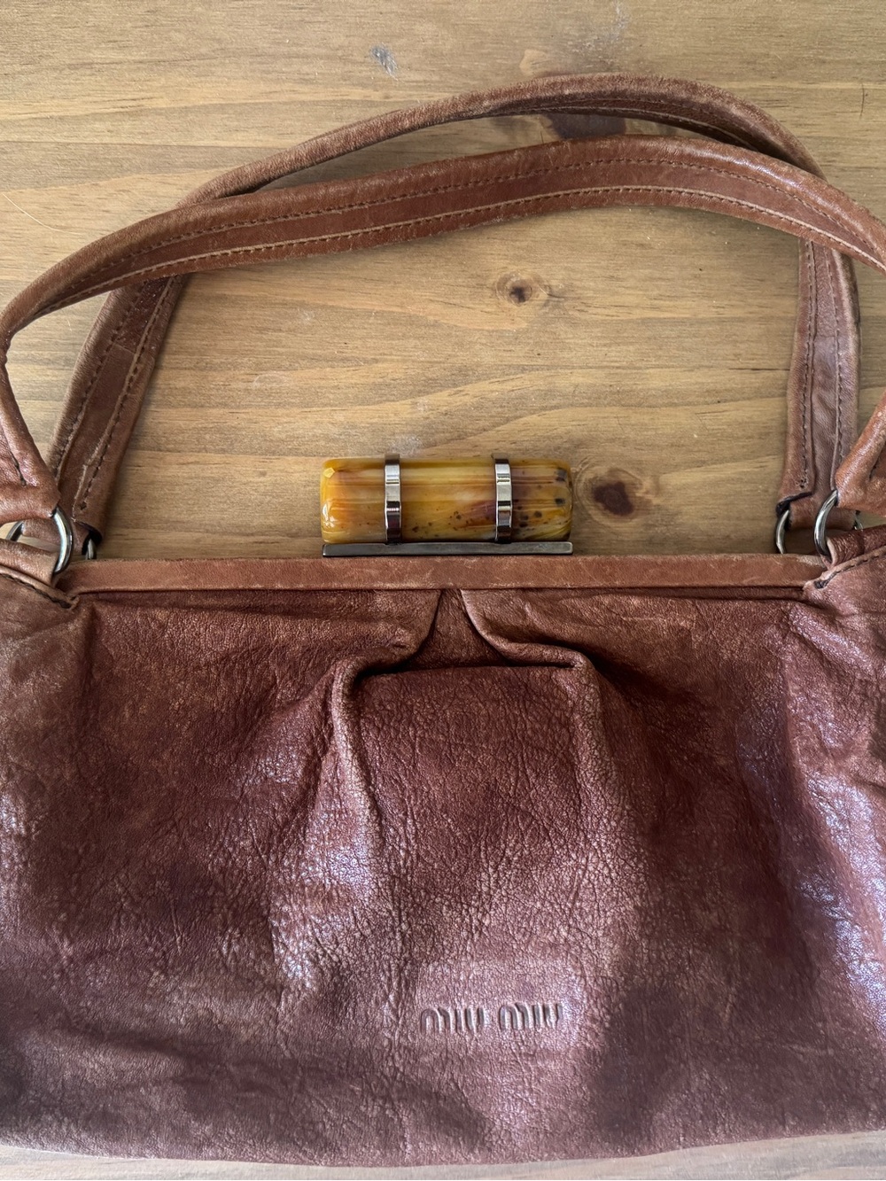 Miu Miu Cognac Brown Leather Shoulder Bag with Amber-Tone Clasp